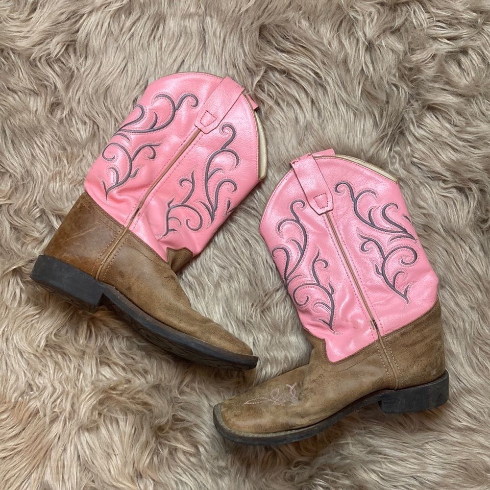 Old West Kids Leather Western Cowgirl Boot- Pink